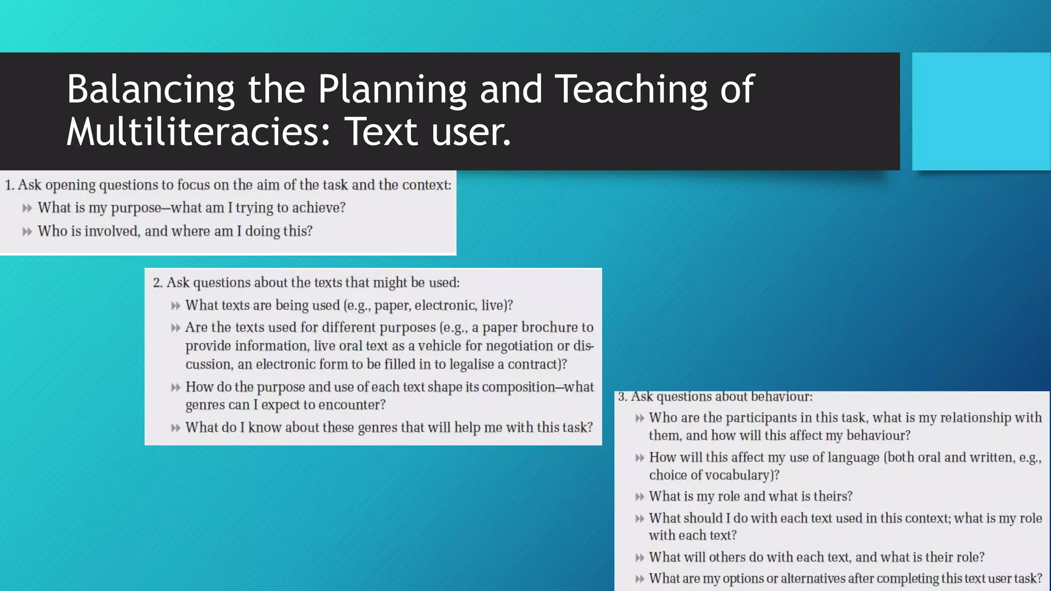 Balancing the Planning and Teaching of
Multiliteracies: Text user.
 