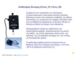 Στηρίζεται στην τεχνολογία των ηλεκτρικών επιμηκυνσιόμετρων (ηλεκτρικοί μετρητές αλλαγής διάστασης υλικού που προκαλεί μεταβολές της ειδικής αντίστασης των μετρητών) και π αράγει ηλεκτρική τάση που μεταβάλλεται γραμμικά με τη δύναμη. Μ ετρά τη δύναμη με βάση την κάμψη ενός ελάσματος.  Προσαρμόζεται εύκολα σε ορθοστάτη ή σε εργαστηριακό αμαξάκι.  Χρησιμοποιείται στη μελέτη της τριβής, της απλής αρμονικής ταλάντωσης, της κρούσης, της κεντρομόλου δύναμης κτλ. και, επίσης, ως δυναμόμετρο χεριού.  Ο αισθητήρας βαθμονομείται αυτόματα από το MultiLog.  Έχει δυο περιοχές λειτουργίας:   10 Ν και   50 Ν με διακριτική ικανότητα 2  g  . Multi Log  Οδηγός πλοήγησης Αισθητήρας δύναμης ( Force_10, Force_50)  Νίκος Παπασταματίου  
