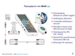 Multi Log  Οδηγός πλοήγησης    Μπαταρία 9V αλκαλική      Καταγραφέας  δεδομένων (Data Logger)       Αισθητήρες ( Sensors)     3 καλώδια αισθητήρων  mini-din     Καλώδιο επικοινωνίας  RS-232 (9 pin D shell)     Προσαρμοστής RS- 232  (9  25) Περιεχόμενο του   Multi Log   Νίκος Παπασταματίου     Δισκέτα /Cd  εγκατάστασης  λογισμικού DB-Lab  