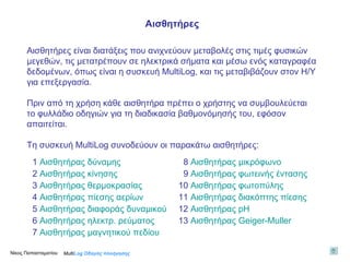 Αισθητήρες είναι διατάξεις που ανιχνεύουν μεταβολές στις τιμές φυσικών μεγεθών, τις μετατρέπουν σε ηλεκτρικά σήματα και μέσω ενός καταγραφέα δεδομένων, όπως είναι η συσκευή  MultiLog , και τις μεταβιβάζουν στον Η/Υ για επεξεργασία. Πριν από τη χρήση κάθε αισθητήρα πρέπει ο χρήστης να συμβουλεύεται το φυλλάδιο οδηγιών για τη διαδικασία βαθμονόμησής του, εφόσον απαιτείται. Τη συσκευή  MultiLog  συνοδεύουν οι παρακάτω αισθητήρες: 1  Αισθητήρας δύναμης 2  Αισθητήρας κίνησης   3  Αισθητήρας θερμοκρασίας 4  Αισθητήρας πίεσης αερίων 5  Αισθητήρας διαφοράς δυναμικού  6  Αισθητήρας ηλεκτρ. ρεύματος 7  Αισθητήρας μαγνητικού πεδίου 8  Αισθητήρας μικρόφωνο 9  Αισθητήρας φωτεινής έντασης 10  Αισθητήρας  φωτοπύλης 11  Αισθητήρας διακόπτης πίεσης 12  Αισθητήρας  pH 13  Αισθητήρας  Geiger-Muller Multi Log  Οδηγός πλοήγησης Αισθητήρες Νίκος Παπασταματίου  