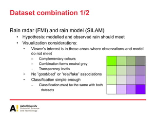 Dataset combination 1/2
Rain radar (FMI) and rain model (SILAM)
• Hypothesis: modelled and observed rain should meet
• Visualization considerations:
• Viewer’s interest is in those areas where observations and model
do not meet
– Complementary colours
– Combination forms neutral grey
– Transparency levels
• No ”good/bad” or ”real/fake” associations
• Classification simple enough
– Classification must be the same with both
datasets
 