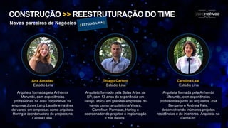 CONSTRUÇÃO >> REESTRUTURAÇÃO DO TIME
Novos parceiros de Negócios
Ana Amadeu
Estúdio Lina
Arquiteta formada pela Anhembi
Morumbi, com experiências
profissionais na área corporativa, na
empresa Jones Lang Lasalle e na área
de varejo em empresas como arquiteta
Hering e coordenadora de projetos na
Cecilia Dalle.
Thiago Carloni
Estúdio Lina
Arquiteto formado pela Belas Artes de
SP, com 13 anos de experiência em
varejo, atuou em grandes empresas do
varejo como: arquiteto na Vivara,
Carrefour, Parmalat, Hering e
coordenador de projetos e implantação
Chilli Beans.
Arquiteta formada pela Anhembi
Morumbi, com experiências
profissionais junto as arquitetas Joia
Bergamo e Andreia Reis,
desenvolvendo inúmeros projetos
residências e de interiores. Arquiteta na
Centauro.
Carolina Leal
Estúdio Lina
 