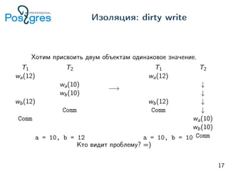 Хотим присвоить двум объектам одинаковое значение.
T1
wa(12)
wb(12)
Comm
T2
wa(10)
wb(10)
Comm
−→
T1
wa(12)
wb(12)
Comm
T2
↓
↓
↓
↓
wa(10)
wb(10)
Comma = 10, b = 12 a = 10, b = 10
Кто видит проблему? =)
Изоляция: dirty write
17
 
