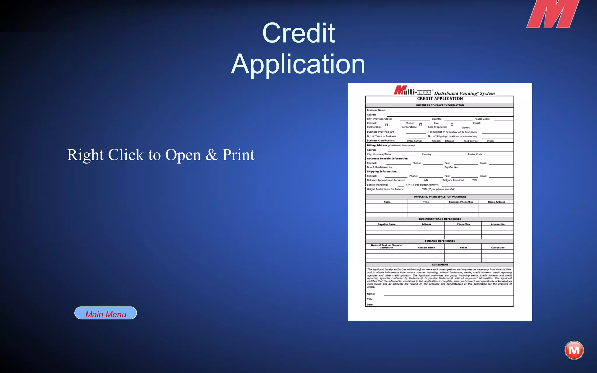 Credit Application Main Menu Right Click to Open & Print 