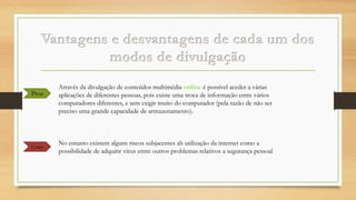 Pros

Cons

Através da divulgação de conteúdos multimédia online é possível aceder a várias
aplicações de diferentes pessoas, pois existe uma troca de informação entre vários
computadores diferentes, e sem exigir muito do computador (pela razão de não ser
preciso uma grande capacidade de armazenamento).

No entanto existem alguns riscos subjacentes ah utilização da internet como a
possibilidade de adquirir virus entre outros problemas relativos a segurança pessoal

 