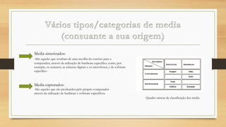 Media sintetizados:
-São aqueles que resultam de uma recolha do exterior para o
computador, através da utilização de hardware específico, como, por
exemplo, os scanners, as câmaras digitais e os microfones, e de software
específico

Media capturados:
-São aqueles que são produzidos pelo próprio computador
através da utilização de hardware e software específicos.
Quadro-síntese de classificação dos media

 