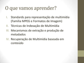 O que vamos aprender?
I. Standards para representação de multimídia
     (Família MPEG e Formatos de Imagem)
II. Técnicas de Indexação de Multimídia
III. Mecanismos de extração e produção de
     metadados
IV. Recuperação de Multimídia baseada em
     conteúdo
 