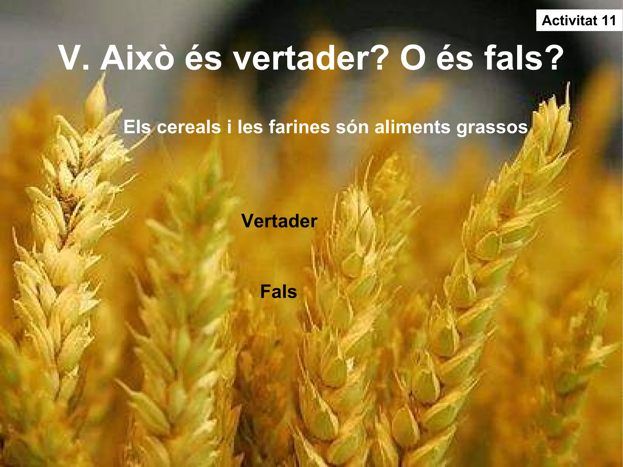 V. Això és vertader? O és fals? Activitat 11 Els cereals i les farines són aliments grassos  Vertader Fals 