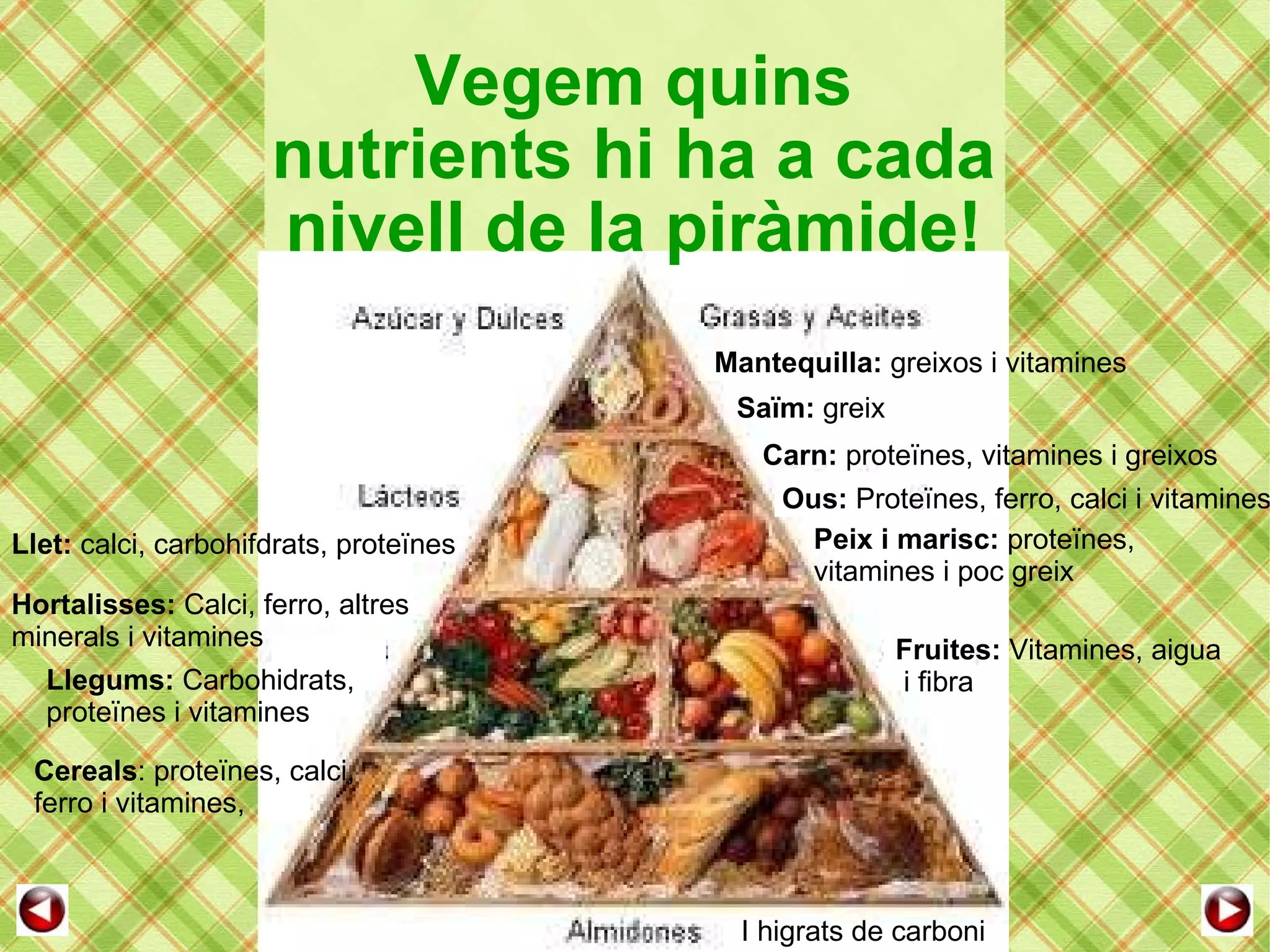 Vegem quins nutrients hi ha a cada nivell de la piràmide! I higrats de carboni Peix i marisc:  proteïnes, vitamines i poc greix Ous:  Proteïnes, ferro, calci i vitamines Llet:  calci, carbohifdrats, proteïnes Mantequilla:  greixos i vitamines Saïm:  greix Hortalisses:  Calci, ferro, altres  minerals i vitamines Fruites:  Vitamines, aigua i fibra Llegums:  Carbohidrats,  proteïnes i vitamines Cereals : proteïnes, calci, ferro i vitamines,  Carn:  proteïnes, vitamines i greixos 
