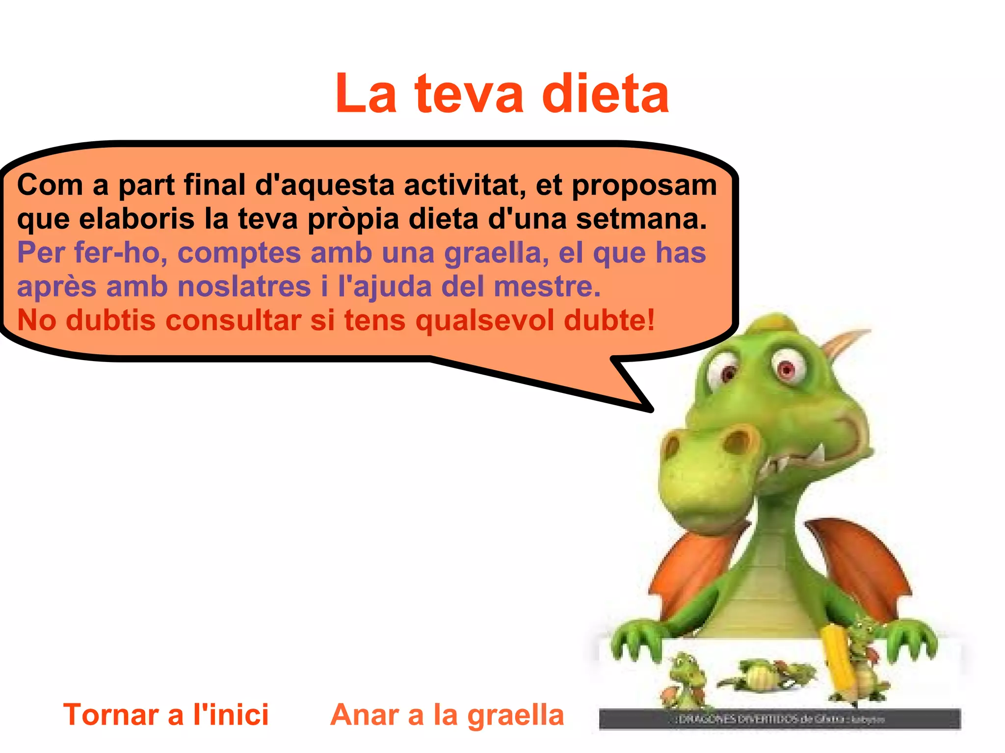 La teva dieta Com a part final d'aquesta activitat, et proposam  que elaboris la teva pròpia dieta d'una setmana. Per fer-ho, comptes amb una graella, el que has après amb noslatres i l'ajuda del mestre. No dubtis consultar si tens qualsevol dubte! Tornar a l'inici Anar a la graella 