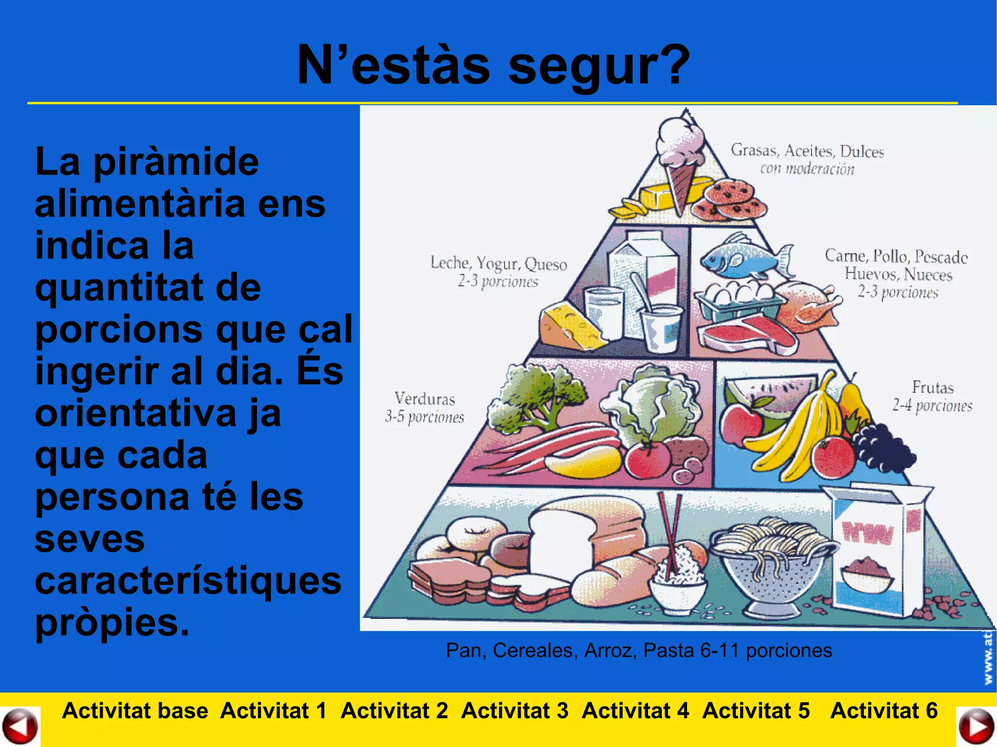 N’estàs segur?  La piràmide alimentària ens indica la quantitat de porcions que cal ingerir al dia. És orientativa ja que cada persona té les seves característiques pròpies. Activitat 1 Activitat 2 Activitat 3 Activitat 4 Activitat 5 Activitat base Pan, Cereales, Arroz, Pasta 6-11 porciones Activitat 6 