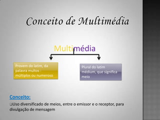 Multimédia
   Provem do latim, da                  Plural do latim
   palavra multos :                     médium, que significa
   múltiplos ou numeroso                meio




Conceito:
Uso  diversificado de meios, entre o emissor e o receptor, para
divulgação de mensagem
 