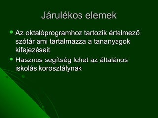 Járulékos elemek
 Az  oktatóprogramhoz tartozik értelmező
  szótár ami tartalmazza a tananyagok
  kifejezéseit
 Hasznos segítség lehet az általános
  iskolás korosztálynak
 