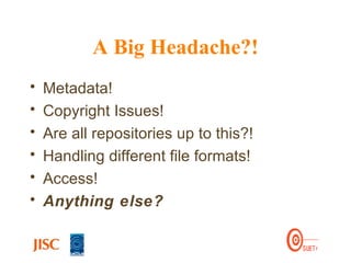 A Big Headache?! Metadata! Copyright Issues! Are all repositories up to this?! Handling different file formats! Access! Anything else? 