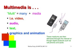 Multimedia is . . . “ Multi”  =   many   +  media i.e. video,  audio,  text,  graphics and animation These mediums are then delivered through the internet or though digital products such as cell phones and ipods. 