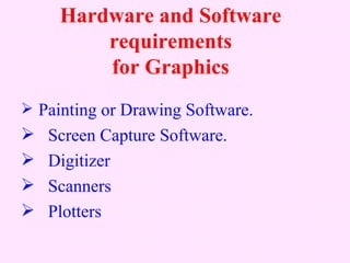 Hardware and Software
         requirements
         for Graphics
 Painting or Drawing Software.
   Screen Capture Software.
   Digitizer
   Scanners
   Plotters
 