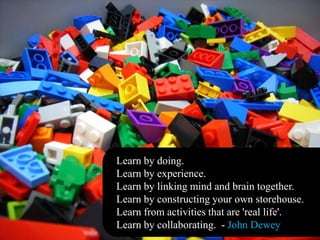 Learn by doing.
Learn by experience.
Learn by linking mind and brain together.
Learn by constructing your own storehouse.
Learn from activities that are 'real life'.
Learn by collaborating. - John Dewey
 