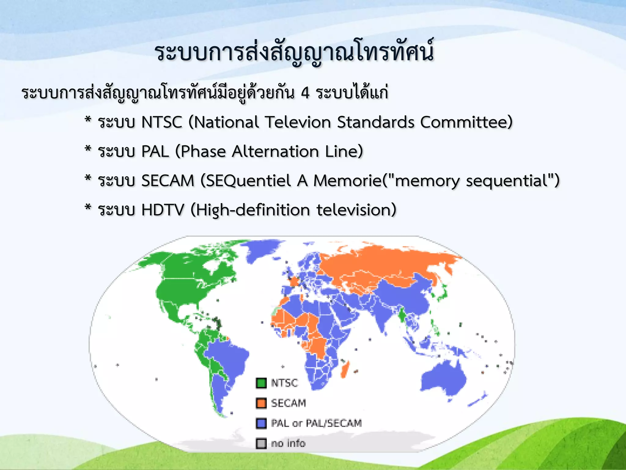 ระบบการส่งสัญญาณโทรทัศน์
ระบบการส่งสัญญาณโทรทัศน์มีอยู่ด้วยกัน 4 ระบบได้แก่
* ระบบ NTSC (National Televion Standards Committee)
* ระบบ PAL (Phase Alternation Line)
* ระบบ SECAM (SEQuentiel A Memorie("memory sequential")
* ระบบ HDTV (High-definition television)
 