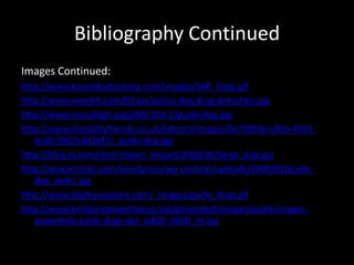 Bibliography ContinuedImages Continued:http://www.kovendogtraining.com/images/SAR_Dogs.gifhttp://www.excelk9.com/09.pix/police.dog.drug.detection.jpghttp://www.mccullagh.org/db9/10d-1/guide-dog.jpghttp://www.disabilityfriends.co.uk/EditorialImages/0e72093e-c80a-4041-bcd0-5967cdd26f7c_guide-dog.jpghttp://blog.nj.com/morristown_impact/2008/02/large_dog.jpghttp://pawprintskc.com/wordpress/wp-content/uploads/2009/02/guide-dog_web1.jpghttp://www.doghousewine.com/_images/guide_dogs.gifhttp://www.brisbanepowerhouse.org/generated/images/guide-images-powerkidz-guide-dogs-qld_w800_h600_fit.jpg