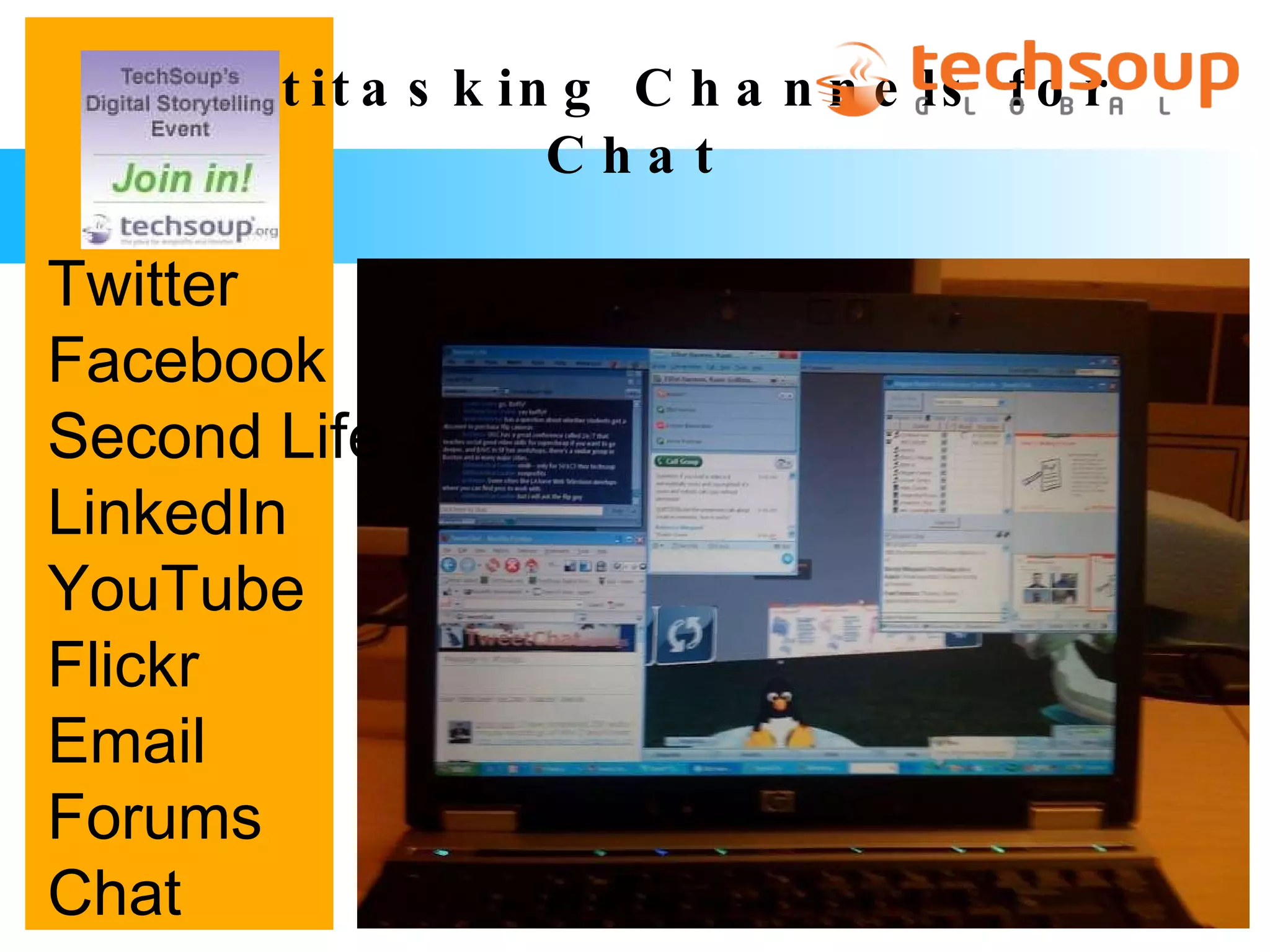 Multitasking Channels for Chat Twitter Facebook Second Life LinkedIn YouTube Flickr Email Forums Chat 