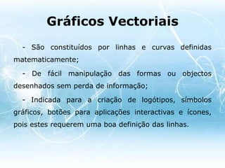 - Contém uma descrição abstracta (ou matemática) de todos os objectos 2D ou 3D que constituem esse modelo gráfico;- Ocupa menos espaço de armazenamento;- Tem que ser convertido para imagem antes de ser possível apresentá-lo. 