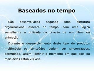 Baseados em páginasSão desenvolvidos segundo uma estrutura organizacional do tipo espacial, em suporte de papel.Em alguns produtos multimédia, os utilizadores podem consultar as suas páginas utilizando as hiperligações existentes entre elas. Neste tipo de produtos, as componentes interactiva e temporal podem estar presentes através da utilização de botões, ícones e scripts. 