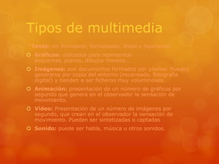 Tipos de multimedia*Texto: sin formatear, formateado, lineal e hipertexto.Gráficos: utilizados para representar esquemas, planos, dibujos lineales...Imágenes: son documentos formados por píxeles. Pueden generarse por copia del entorno (escaneado, fotografía digital) y tienden a ser ficheros muy voluminosos.Animación: presentación de un número de gráficos por segundo que genera en el observador la sensación de movimiento.Vídeo: Presentación de un número de imágenes por segundo, que crean en el observador la sensación de movimiento. Pueden ser sintetizadas o captadas.Sonido: puede ser habla, música u otros sonidos.