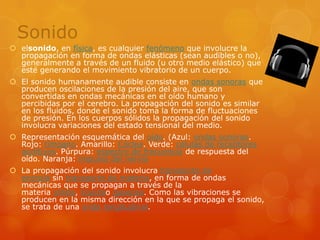 Sonidoelsonido, en física, es cualquier fenómeno que involucre la propagación en forma de ondas elásticas (sean audibles o no), generalmente a través de un fluido (u otro medio elástico) que esté generando el movimiento vibratorio de un cuerpo.El sonido humanamente audible consiste en ondas sonoras que producen oscilaciones de la presión del aire, que son convertidas en ondas mecánicas en el oído humano y percibidas por el cerebro. La propagación del sonido es similar en los fluidos, donde el sonido toma la forma de fluctuaciones de presión. En los cuerpos sólidos la propagación del sonido involucra variaciones del estado tensional del medio.Representación esquemática del oído. (Azul: ondas sonoras. Rojo: tímpano. Amarillo: Cóclea. Verde: células de receptores auditivos. Púrpura: espectro de frecuencia de respuesta del oído. Naranja: impulso del nervioLa propagación del sonido involucra transporte de energía sin transporte de materia, en forma de ondas mecánicas que se propagan a través de la materia sólida, líquidao gaseosa. Como las vibraciones se producen en la misma dirección en la que se propaga el sonido, se trata de una onda longitudinal.