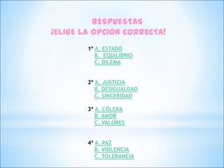RESPUESTAS
¡ELIGE LA OPCIÓN CORRECTA!
        1º A. ESTADO
           B. EQUILIBRIO
           C. DILEMA


        2º A. JUSTICIA
           B. DESIGUALDAD
           C. SINCERIDAD

        3º A. CÓLERA
           B. AMOR
           C. VALORES


        4º A. PAZ
           B. VIOLENCIA
           C. TOLERANCIA
 