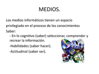 MEDIOS.Los medios informáticos tienen un espacioprivilegiado en el proceso de los conocimientosSaber:- En lo cognitivo (saber) seleccionar, comprender y recrear la información.   -Habilidades (saber hacer).   -Actitudinal (saber ser).