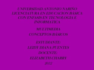 UNIVERSIDAD ANTONIO NARIÑO
LICENCIATURA EN EDUCACION BÁSICA
   CON ENFASIS EN TECNOLOGIA E
           INFORMATICA
          MULTIMEDIA
       CONCEPTOS BÁSICOS

           ESTUDIANTE:
       LEIDY DIANA PUENTES
            DOCENTE:
        ELIZABETH CHARRY
               2012
 