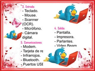 3. Entrada:
 - Teclado.
 - Mouse.
 - Scanner
 (OCR).
 - Micrófono.        4. Salida:
 - Cámara            - Pantalla.
 digital.            - Impresora.
5. Comunicaciones:   - Parlantes.
- Modem.             - Video Beam.
- Tarjeta de red.
- Infrarrojos.
- Bluetooth.
- Puertos USB.
 