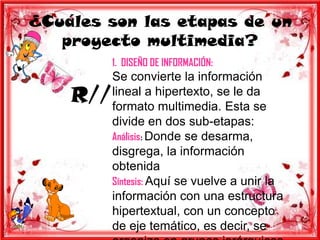 ¿Cuáles son las etapas de un
   proyecto multimedia?
          1. DISEÑO DE INFORMACIÓN:
          Se convierte la información
    R//   lineal a hipertexto, se le da
          formato multimedia. Esta se
          divide en dos sub-etapas:
          Análisis: Donde se desarma,
          disgrega, la información
          obtenida
          Síntesis: Aquí se vuelve a unir la
          información con una estructura
          hipertextual, con un concepto
          de eje temático, es decir, se
 
