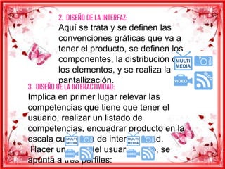 2. DISEÑO DE LA INTERFAZ:
          Aquí se trata y se definen las
          convenciones gráficas que va a
          tener el producto, se definen los
          componentes, la distribución de
          los elementos, y se realiza la
          pantallización.
3. DISEÑO DE LA INTERACTIVIDAD:
Implica en primer lugar relevar las
competencias que tiene que tener el
usuario, realizar un listado de
competencias, encuadrar producto en la
escala cualitativa de interactividad.
 Hacer un perfil del usuario típico, se
apunta a tres perfiles:
 