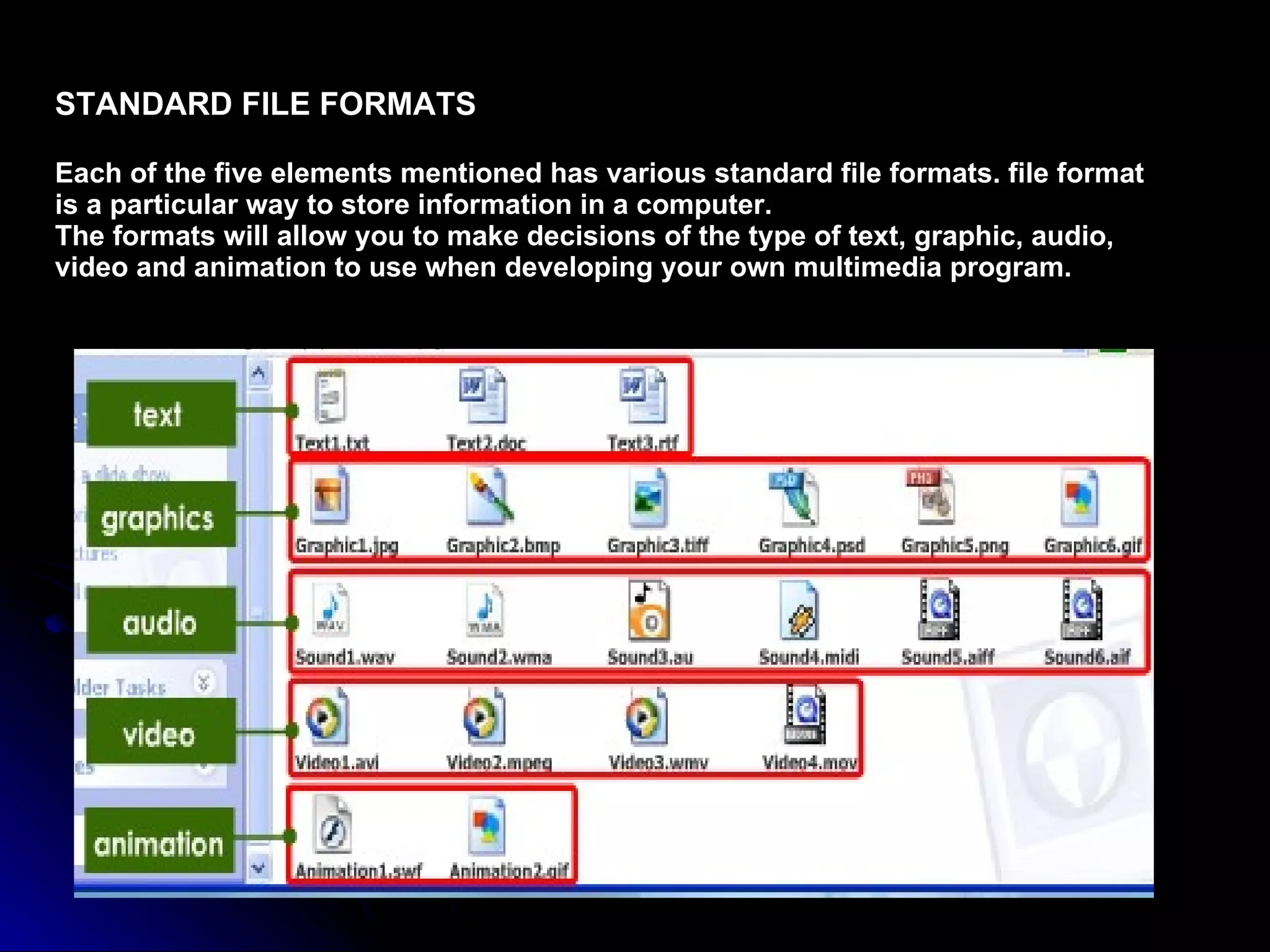 STANDARD FILE FORMATS Each of the five elements mentioned has various standard file formats. file format is a particular way to store information in a computer. The formats will allow you to make decisions of the type of text, graphic, audio, video and animation to use when developing your own multimedia program. 