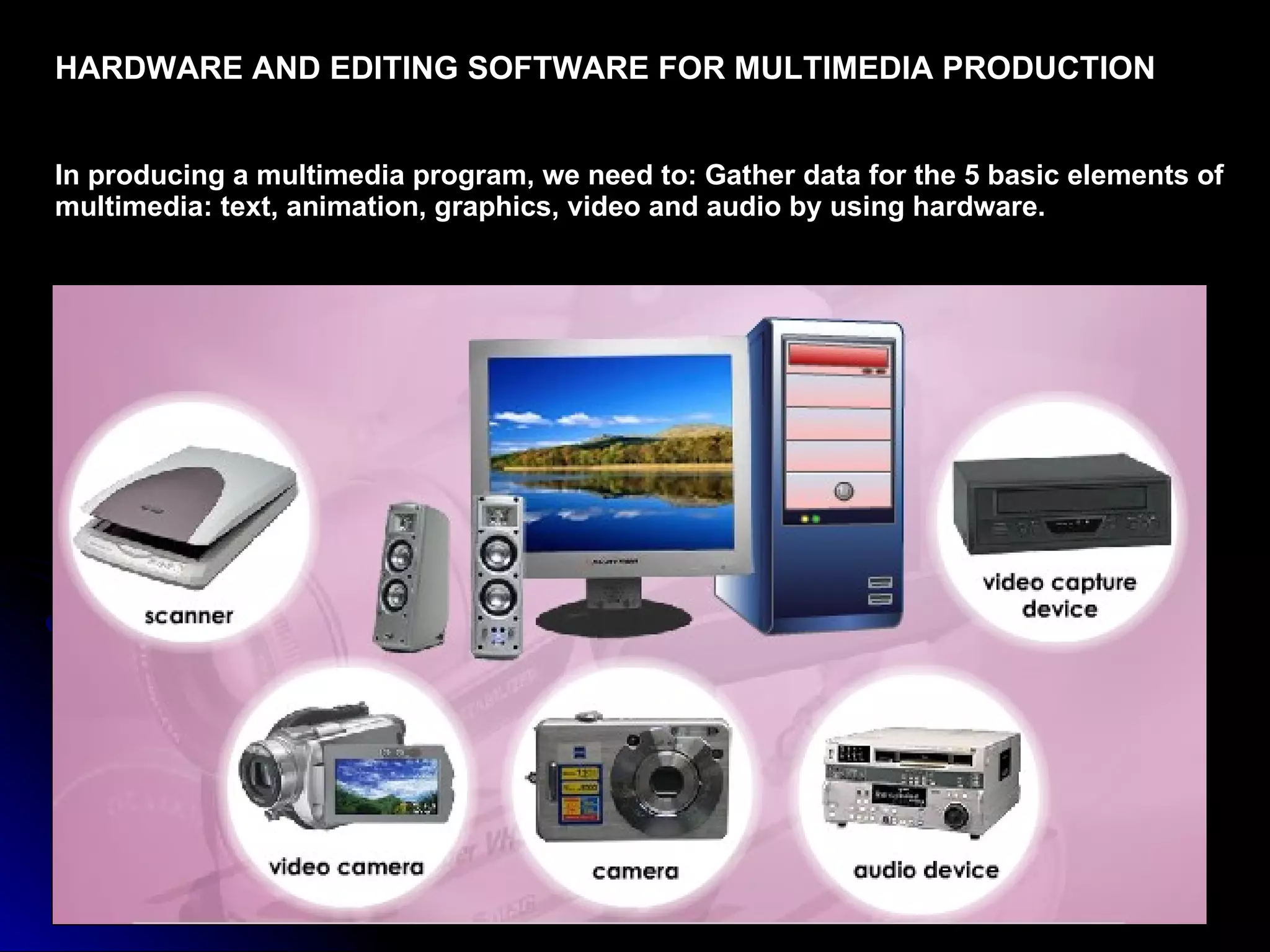 HARDWARE AND EDITING SOFTWARE FOR MULTIMEDIA PRODUCTION   In producing a multimedia program, we need to: Gather data for the 5 basic elements of multimedia: text, animation, graphics, video and audio by using hardware. 