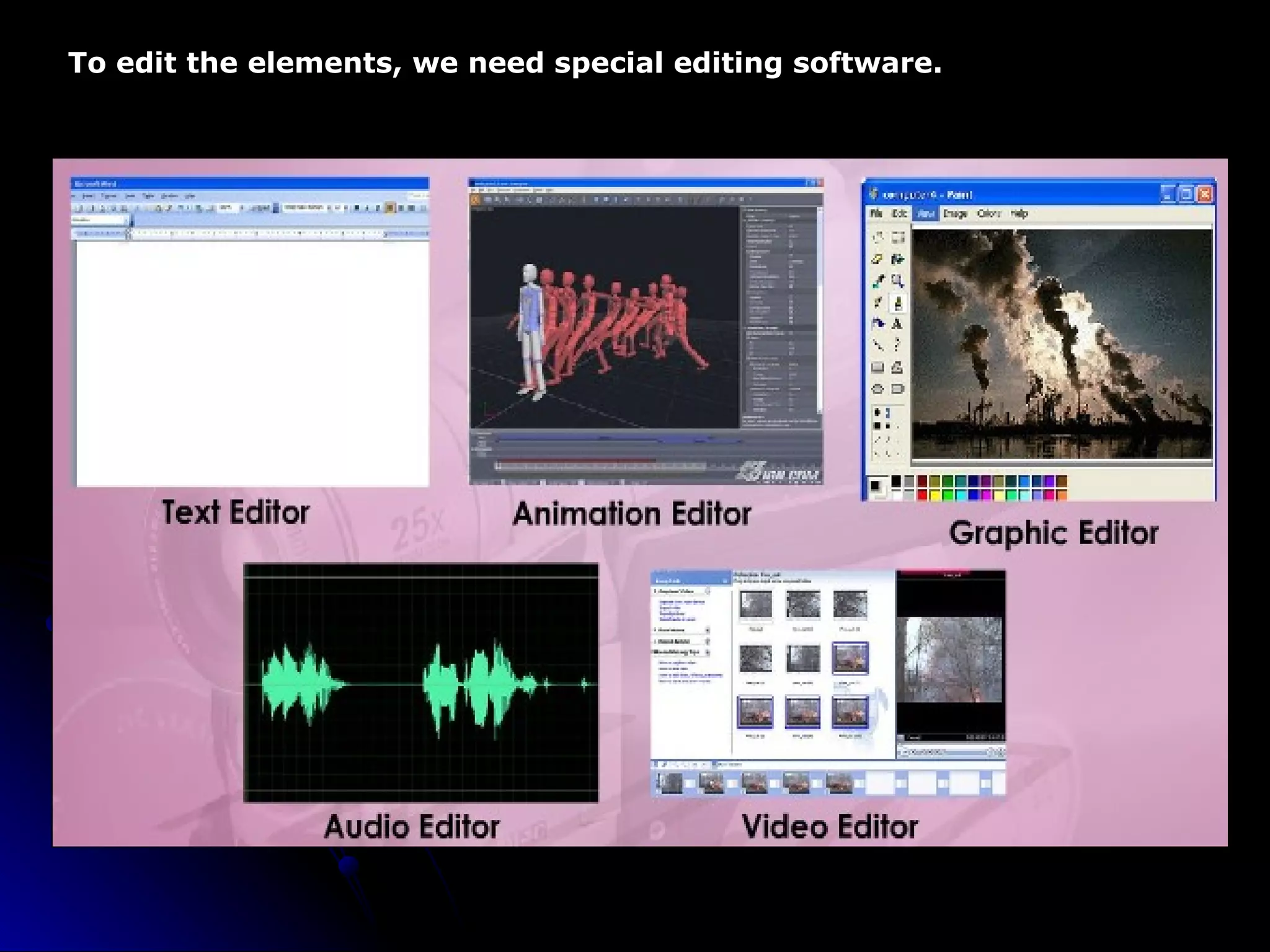 To edit the elements, we need special editing software. 