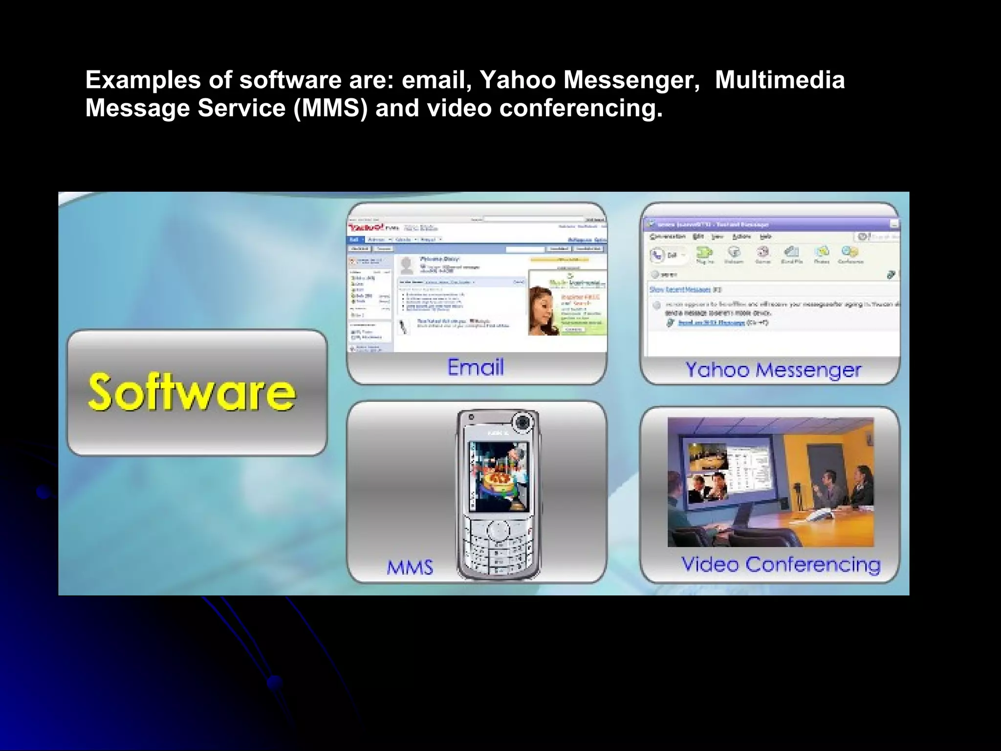 Examples of software are: email, Yahoo Messenger,  Multimedia Message Service (MMS) and video conferencing. 