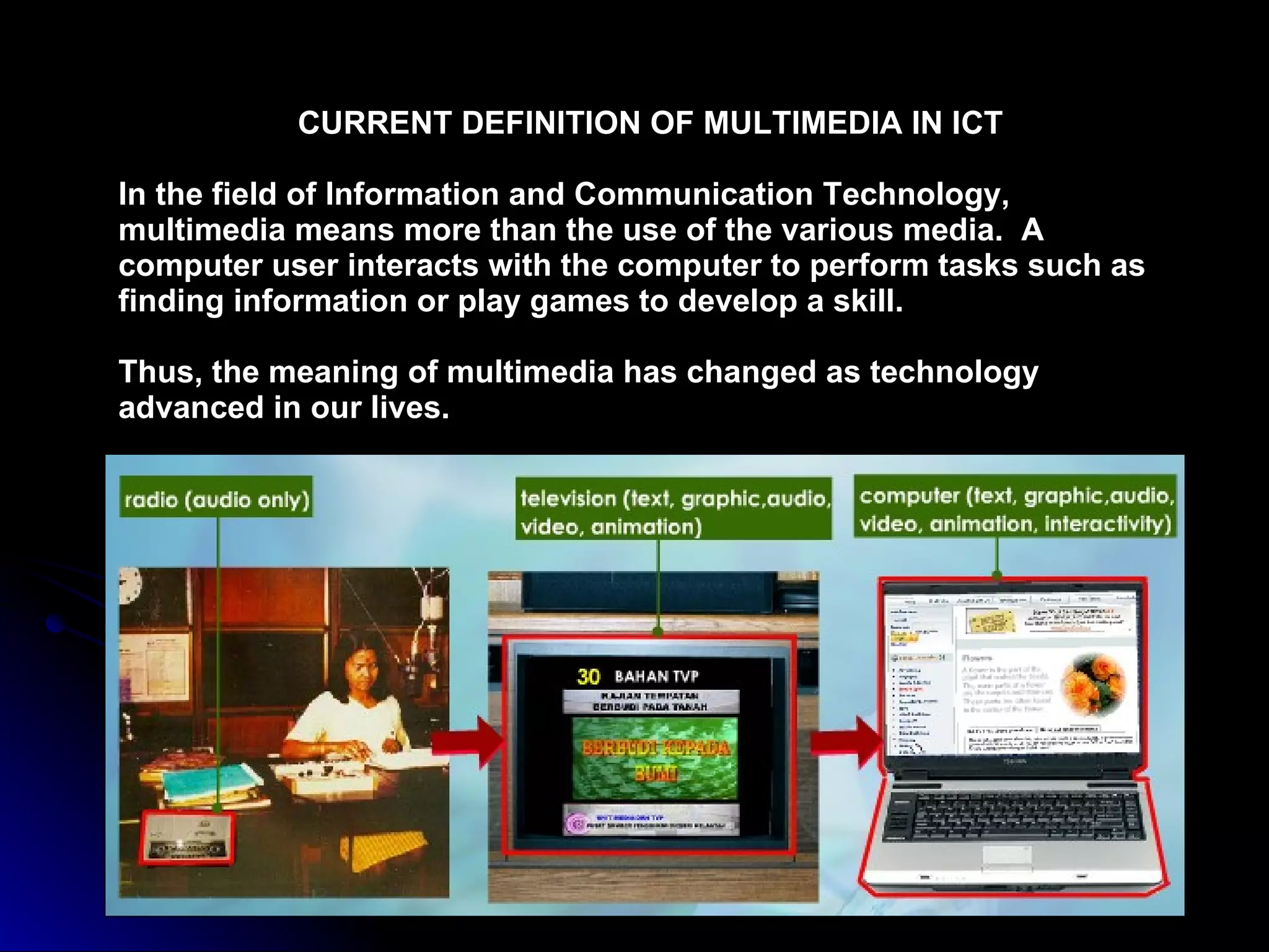 CURRENT DEFINITION OF MULTIMEDIA IN ICT In the field of Information and Communication Technology, multimedia means more than the use of the various media.  A computer user interacts with the computer to perform tasks such as finding information or play games to develop a skill. Thus, the meaning of multimedia has changed as technology advanced in our lives. 