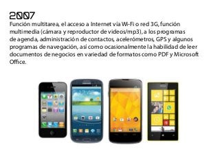 2007
Función multitarea, el acceso a Internet vía Wi-Fi o red 3G, función
multimedia (cámara y reproductor de videos/mp3), a los programas
de agenda, administración de contactos, acelerómetros, GPS y algunos
programas de navegación, así como ocasionalmente la habilidad de leer
documentos de negocios en variedad de formatos como PDF y Microsoft
Office.
 