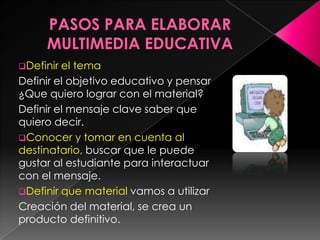 Definir

el tema
Definir el objetivo educativo y pensar
¿Que quiero lograr con el material?
Definir el mensaje clave saber que
quiero decir.
Conocer y tomar en cuenta al
destinatario, buscar que le puede
gustar al estudiante para interactuar
con el mensaje.
Definir que material vamos a utilizar
Creación del material, se crea un
producto definitivo.

 