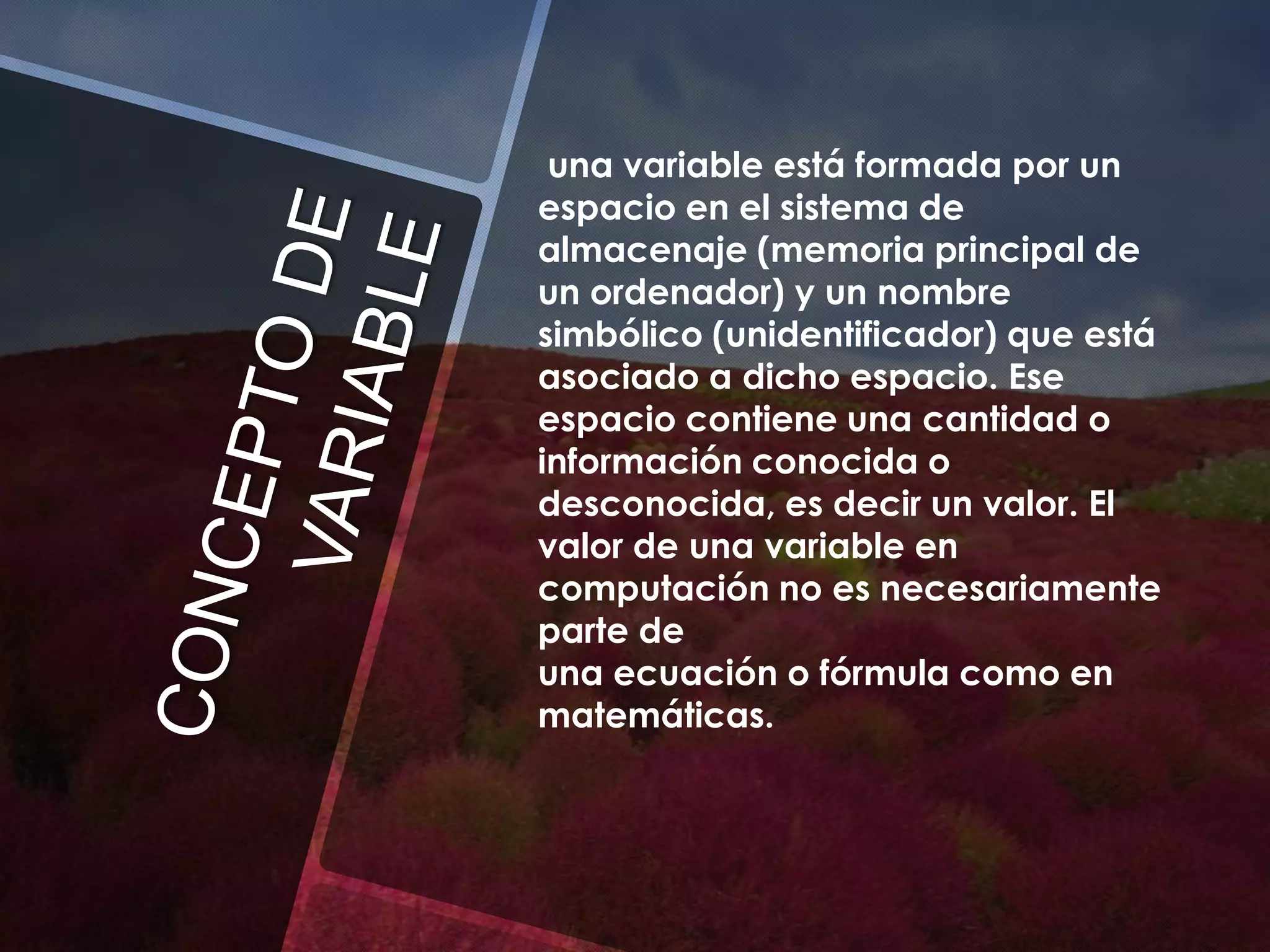 una variable está formada por un
espacio en el sistema de
almacenaje (memoria principal de
un ordenador) y un nombre
simbólico (unidentificador) que está
asociado a dicho espacio. Ese
espacio contiene una cantidad o
información conocida o
desconocida, es decir un valor. El
valor de una variable en
computación no es necesariamente
parte de
una ecuación o fórmula como en
matemáticas.

 