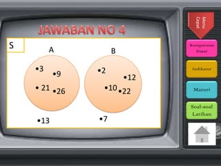 Menu
Cepat

S

A
•3

•9

• 21 •26
•13

Kompetensi
Dasar

B
•2

Indikator

•12

•10 •22

•7

Materi

Soal-soal
Latihan

 