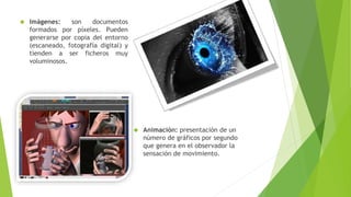  Imágenes: son documentos
formados por píxeles. Pueden
generarse por copia del entorno
(escaneado, fotografía digital) y
tienden a ser ficheros muy
voluminosos.
 Animación: presentación de un
número de gráficos por segundo
que genera en el observador la
sensación de movimiento.
 