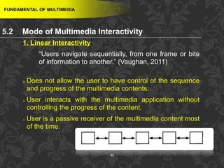 22
1. Linear Interactivity
“Users navigate sequentially, from one frame or bite
of information to another.” (Vaughan, 2011)
 Does not allow the user to have control of the sequence
and progress of the multimedia contents.
 User interacts with the multimedia application without
controlling the progress of the content.
 User is a passive receiver of the multimedia content most
of the time.
FUNDAMENTAL OF MULTIMEDIA
5.2 Mode of Multimedia Interactivity
 