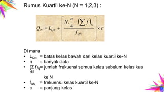 Di mana
• LQN = batas kelas bawah dari kelas kuartil ke-N
• n = banyak data
• (Σ f)N= jumlah frekuensi semua kelas sebelum kelas kua
rtil
ke N
• fQN = frekuensi kelas kuartil ke-N
• c = panjang kelas
Rumus Kuartil ke-N (N = 1,2,3) :
 
c
f
f
n
N
LQ
QN
N
QNN 












4
.
 