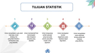 1 2 3 4
Untuk menyediakan suatu eksti
masi atau model
tentang nilai
yang tidak diketahui
berdasarkan data
yang diselidiki.
Untuk mendeskriptif dan
menerangkan
data mengenai
populasi yang
diselidiki
Untuk mengurangi
jumlah populasi
yang luas pada
ukuran yang lebih
mudah untuk
dipahami
.
Untuk menetapkan
kondisi
bagaimana suatu
hipotesis dapat
digunakan.
Untuk menyediakan
suatu ekstimasi
tentang akibat dari
hipotesis
yang diterima.
TUJUAN STATISTIK
5
 