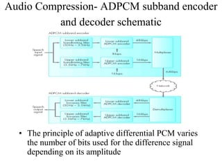 Audio Compression- ADPCM subband encoder
and decoder schematic
• The principle of adaptive differential PCM varies
the number of bits used for the difference signal
depending on its amplitude
 