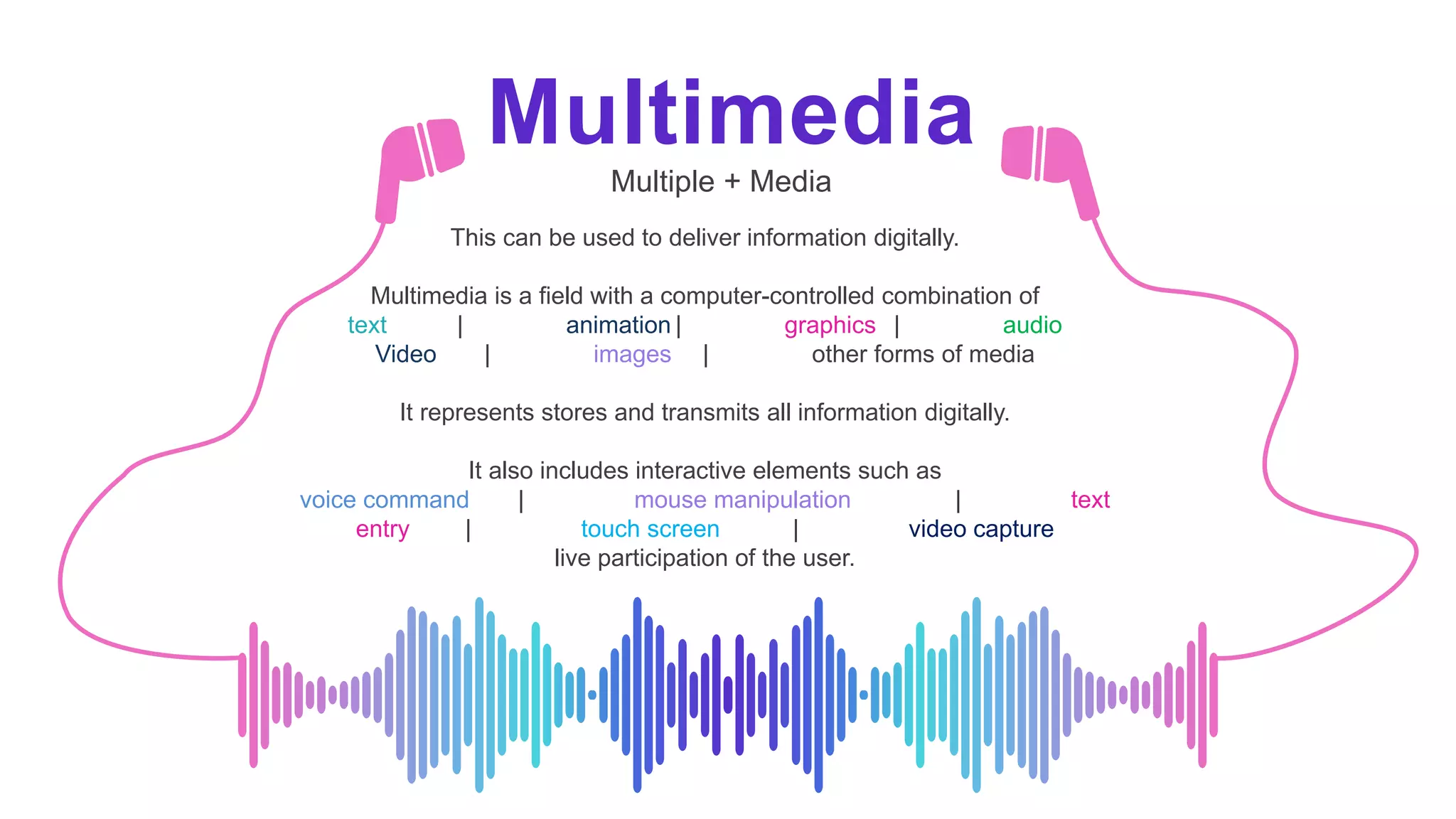 This can be used to deliver information digitally.
Multimedia is a field with a computer-controlled combination of
text | animation | graphics | audio
Video | images | other forms of media
It represents stores and transmits all information digitally.
It also includes interactive elements such as
voice command | mouse manipulation | text
entry | touch screen | video capture
live participation of the user.
Multimedia
Multiple + Media
 