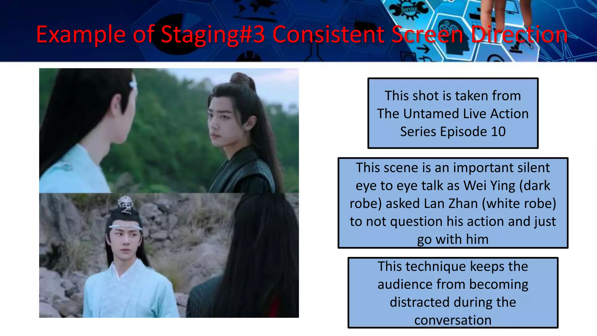 Example of Staging#3 Consistent Screen Direction
This scene is an important silent
eye to eye talk as Wei Ying (dark
robe) asked Lan Zhan (white robe)
to not question his action and just
go with him
This technique keeps the
audience from becoming
distracted during the
conversation
This shot is taken from
The Untamed Live Action
Series Episode 10
 